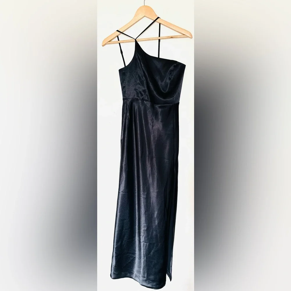 Birdy Grey Kensie Dress Women’s Elegant Shiny Satin Black One-Shoulder Sz Small - Picture 3 of 9